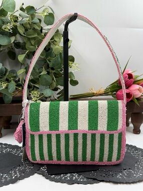 Viral Green & Pink Striped Beaded Shoulder Bag with a Pink 3D Flower Bag Charm
